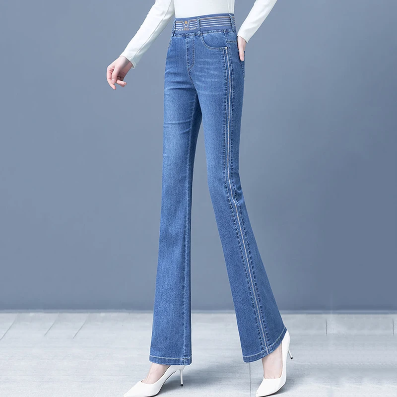 Jeans évasés taille haute coréens pour femmes, pantalons en denim minces brodés décontractés, pantalons de printemps et d'automne, robes droites commandées, nouveau