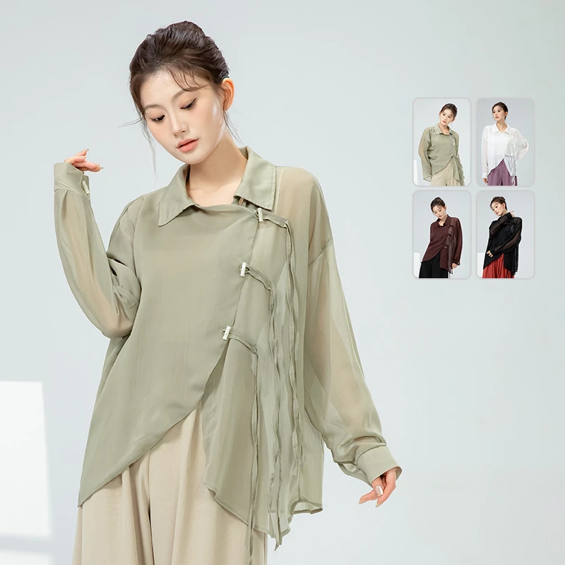 Long Sleeve Loose Ribbon Shirt Long-sleeved Detachable Ribbon Shirt for Women Autumn Spring Chic Design Lace-up Shirt Top Female