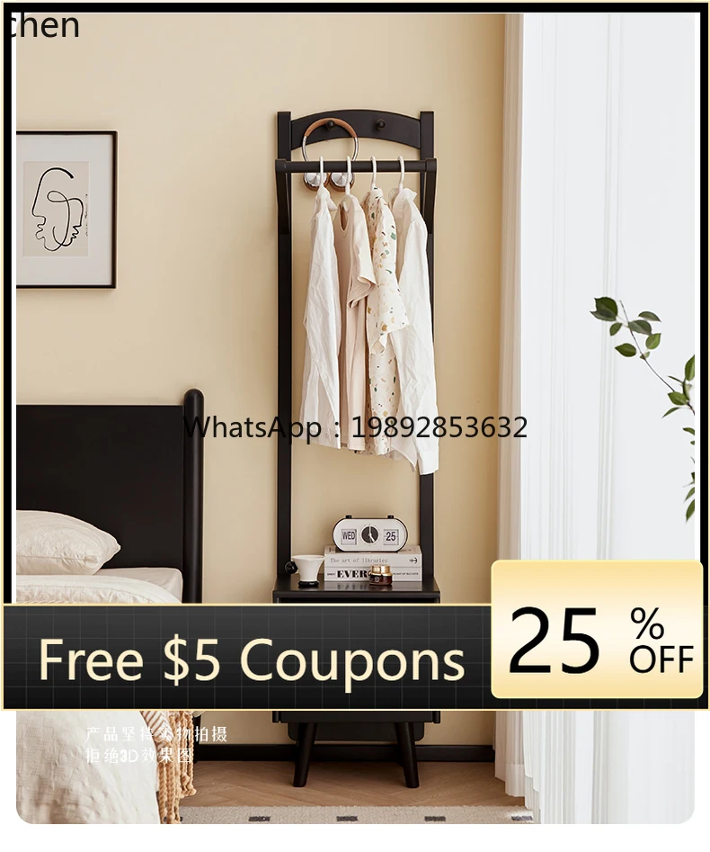 

WW solid wood bedroom bedside table with coat rack storage small narrow cabinet