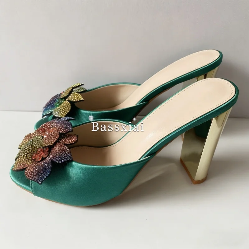 Colorful Sequins Crystal Flower Outwear Mules For Girls Green Silk Slingbacks High Heel Sandals Women Summer