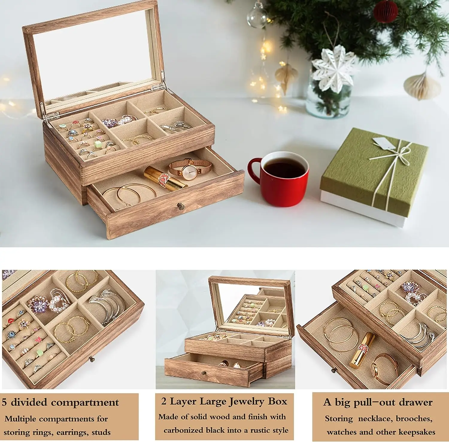 Wooden Jewelry Box Organizer Women 2 Layer Large Jewellery Storage Case Rustic with Mirror Ring Tray Necklace Earring Vintage