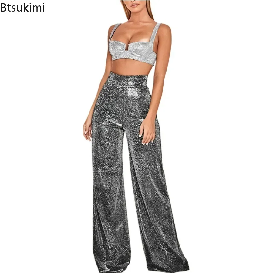 New 2026 Women's Summer Pants Shiny Solid Color High Waist Lady Trousers Spring Autumn Temperament Wide Leg Trousers Daily Wear