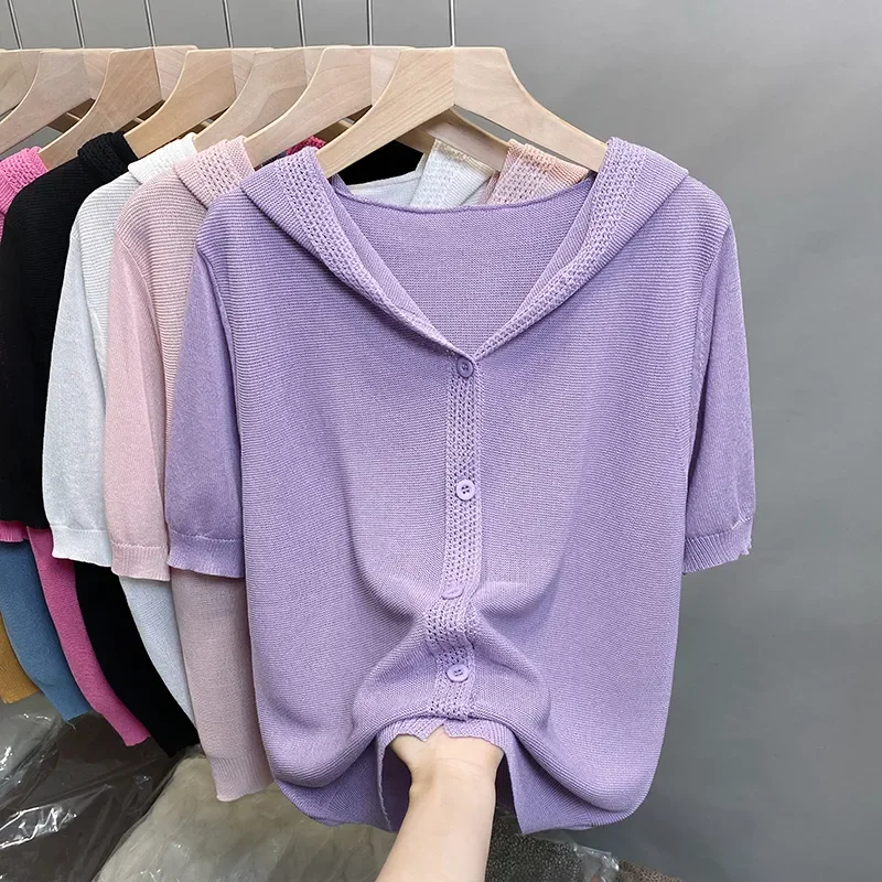 Women Rib Knit Short Sleeve Hooded Cardigan Button Front Casual Knit Top