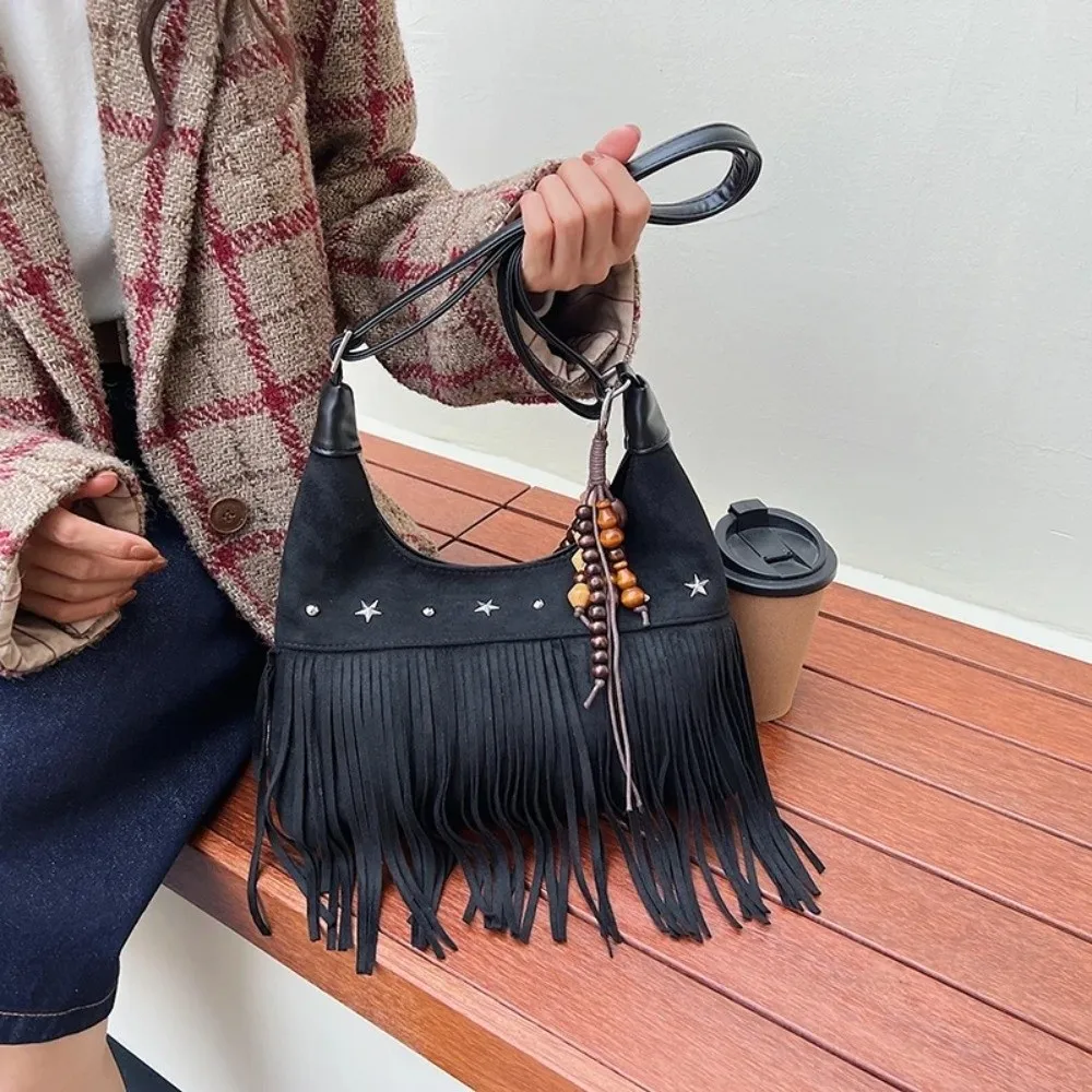 Fashion Vintage Fringe Crossbody Bag Work Shopping Travel Luxury Suede Handbag Winter Fall Tassel Crescent Bag For Women