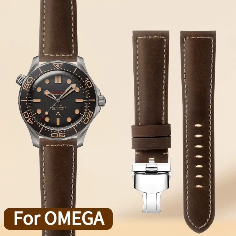 Extended-length leather watch strap men for Omega SEAMASTER 300 600m SPEEDMASTER 007 AT150 DE VILLE cowhide watchband
