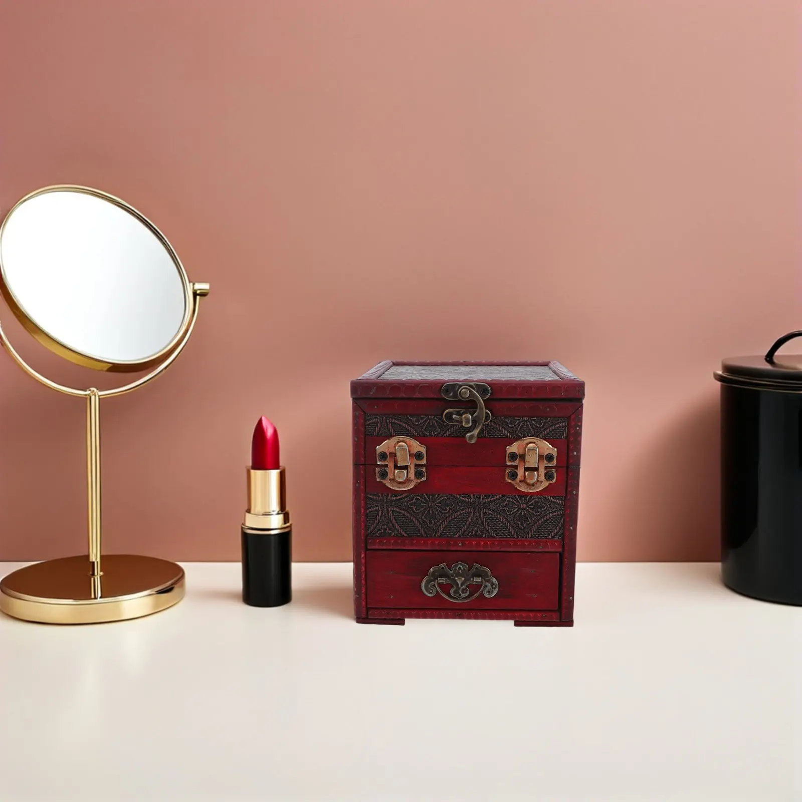 Vintage Retro Wooden Jewelry Box 3-Layers Mirror Drawer Jewelry Organizer Decorative Storage Case for Women