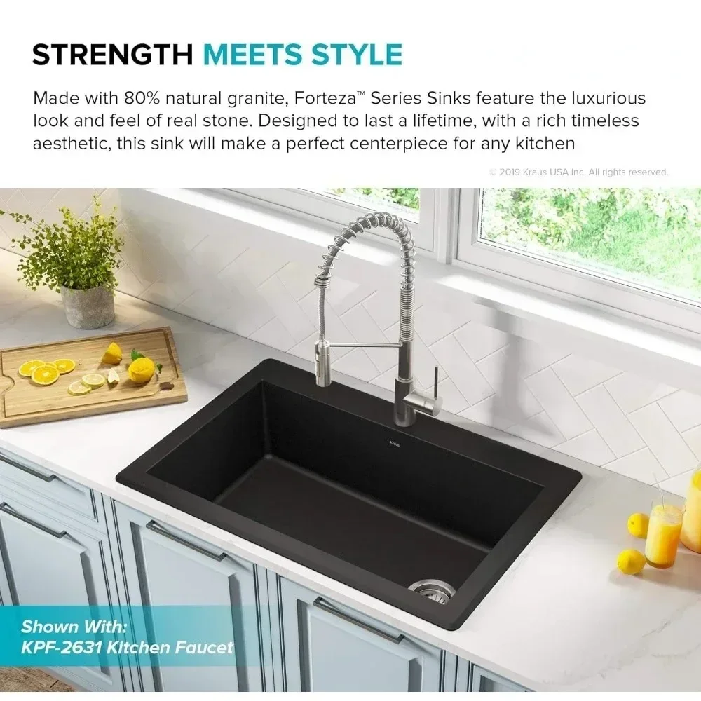 Kitchen Sink Holder KGD-54BLACK Forteza™ 33” Dual Mount Single Bowl Granite Kitchen Sink in Black Fixture Home Improvement