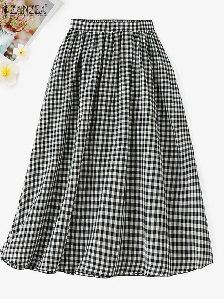 ZANZEA Autumn 2024 A-line Pocket Faldas Women High Waisted Midi Skirt Fashion Casual Plaid Jupe Holiday Oversized Long Overskirt