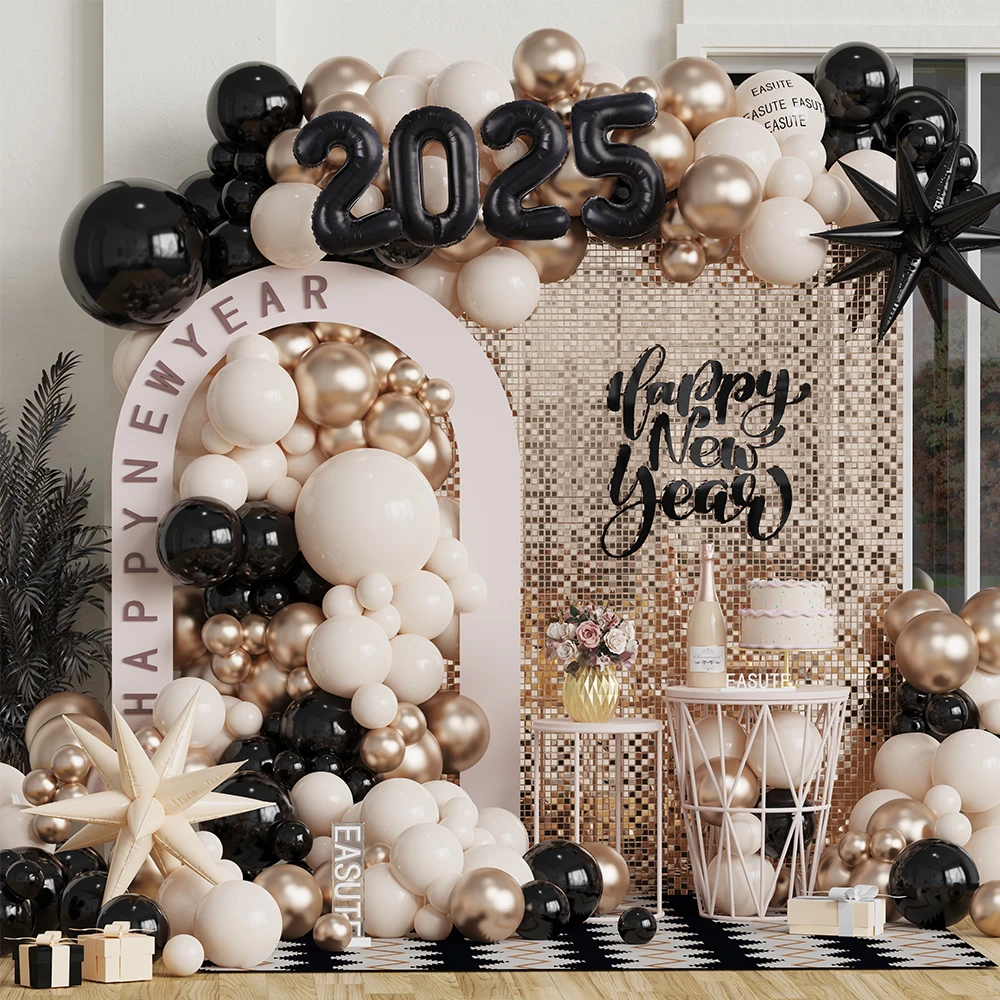 

130pcs Black Gold Burgundy New Year Balloon Garland Arch Kit 30Inch 2025 Foil Balloons Happy New Year Home Birthday Party Decora