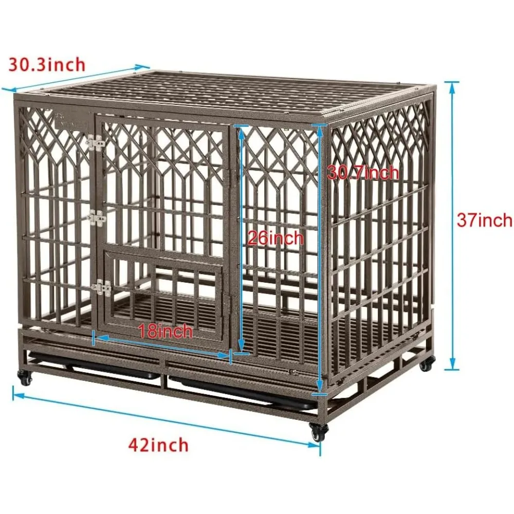 قفص معدني قوي للكلاب للسلالات الكبيرة - بيت عالي التحمل مع وصول ثلاثي للباب، أربع عجلات، حاوية على شكل حرف Y مقاس 42 بوصة #2