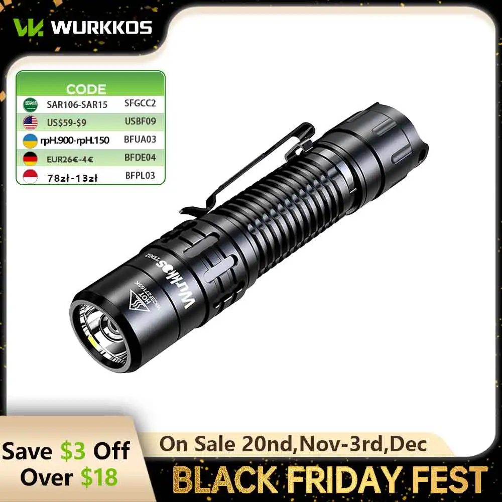 Wurkkos TD02 الدفاع عن النفس التكتيكية مصباح يدوي 18650 EDC مصباح قابل لإعادة الشحن 2000LM SST40 LED الشعلة IPX8 ضوء الطوارئ العسكرية #1