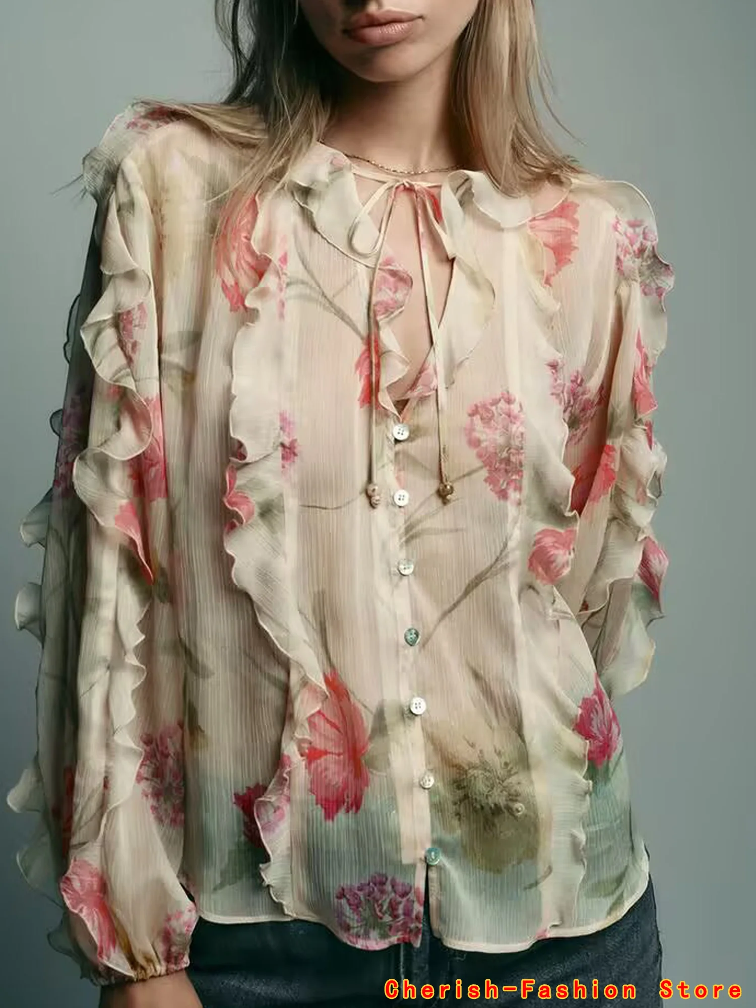 เสื้อเบลาส์แขนยาวพิมพ์ลายดอกไม้สไตล์วินเทจสำหรับสาวออฟฟิศช่วงฤดูร้อน คอวี ผ้าโปร่งบาง แต่งระบาย ดีไซน์เก๋ไก๋ สวยสง่า ทรงหลวม หลายชั้น