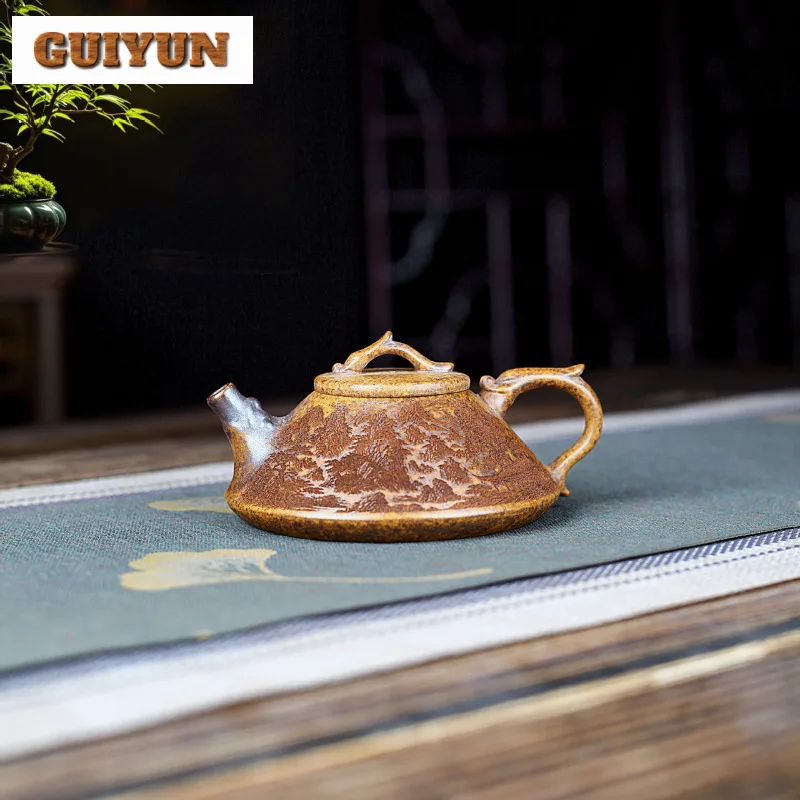 

160ml Yixing Purple Clay Teapots Handmade Dragon Stone Scoop Pot Raw Ore Hyperthermia Section Mud Tea Maker Kettle Zisha Tea Set