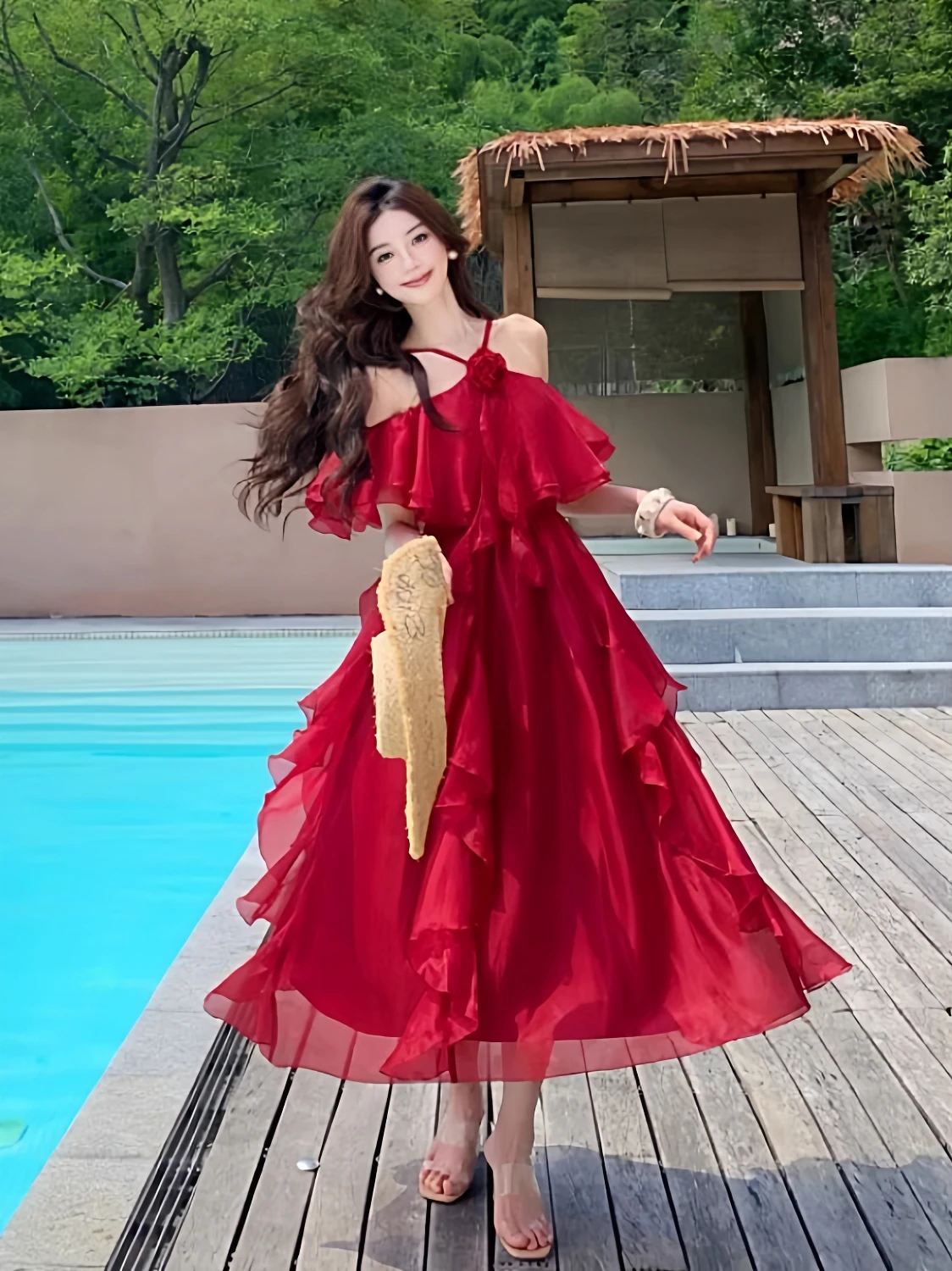 

Ele Red Off-oulder One-Piece Dr Beach Vaion High-Waist Chiffon Skirt Svel Women's Faion Summer Outfit