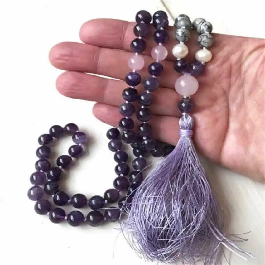 8mm natural Amethyst Rose Quartz 108 Mala necklaces tassel Opera length Healing Lariat Couples Fashion Nirvana Men