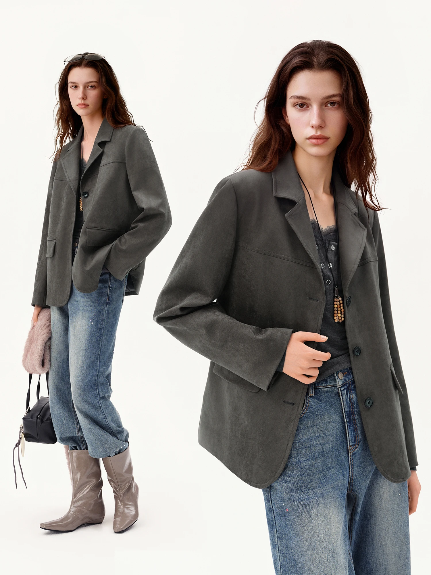 ZIQIAO Retro-style Faux Suede Straight-cut H-line Matte Suit Jacket for Women Blazer Brown Commuting New Autumn 2026
