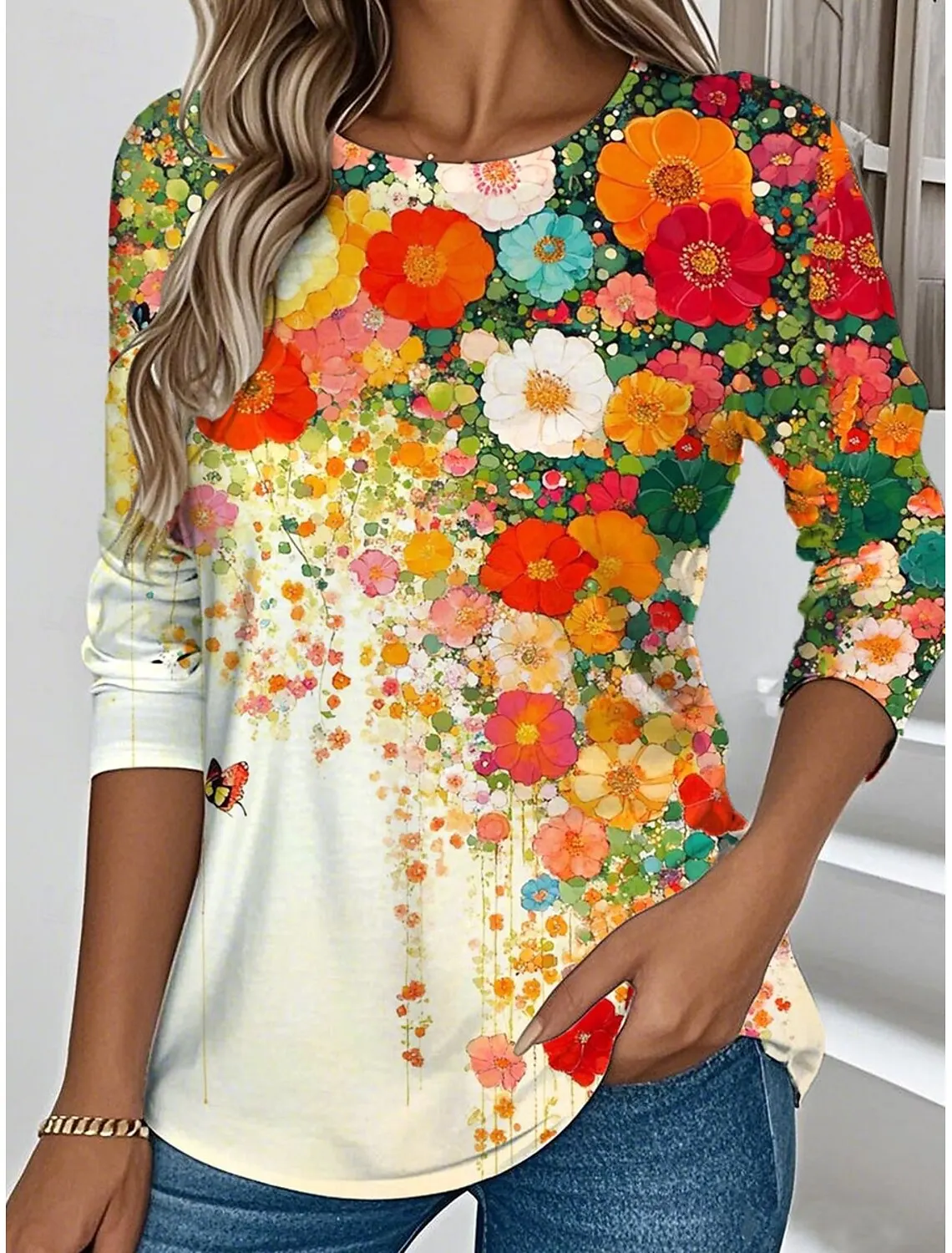 

Summer Women's T Shirt Floral Graphics Plants Stylish Casual Long Sleeve T-shirt Round Neck Regular Tops Flower Printed Pullover