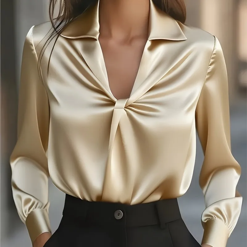 

Temperament Women's Shirt Autumn Solid Color Fashionable Commuter Style Tops Satin Pleated Long-sleeved Pullover Lapel Clothing