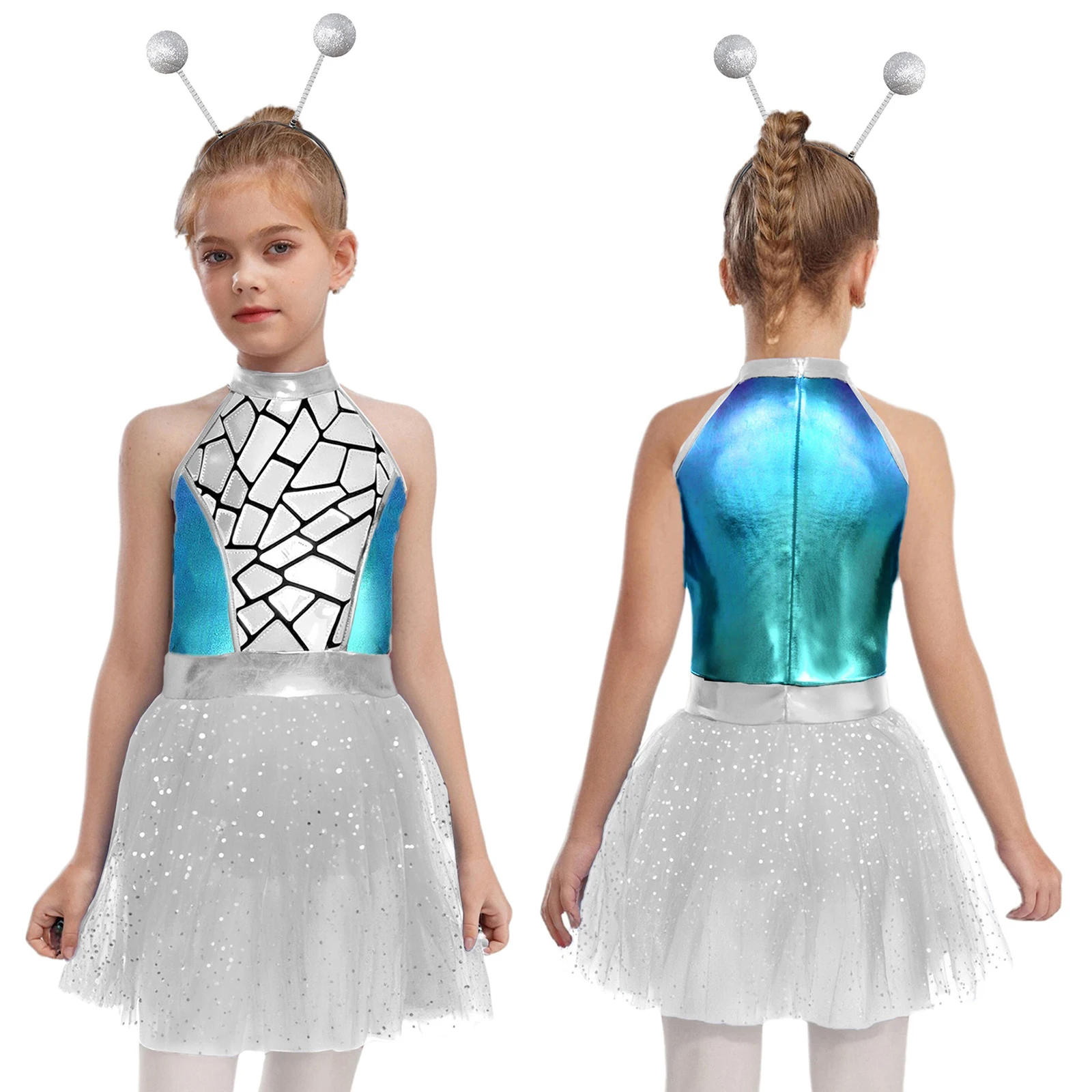 

Костюм для косплея на Хэллоуин для девочек-подростков, космический робот, металлическое блестящее сетчатое платье-пачка с блестками и обручем для волос