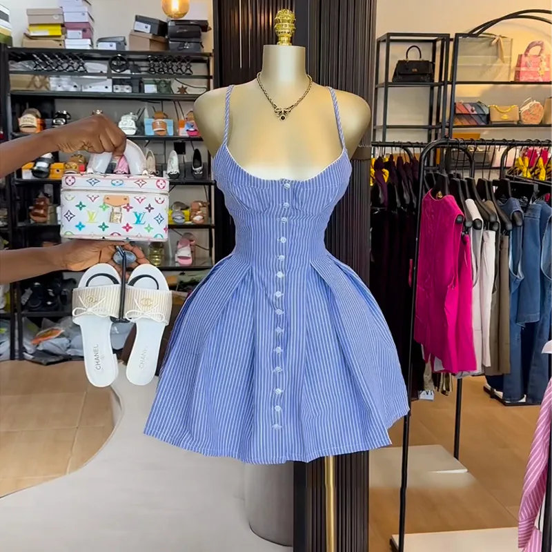 

BKLD Women's Clothing 2025 Summer New Fashion Temperament Blue Striped A-Line Short Dresses Irregular Spaghetti Strap Dress