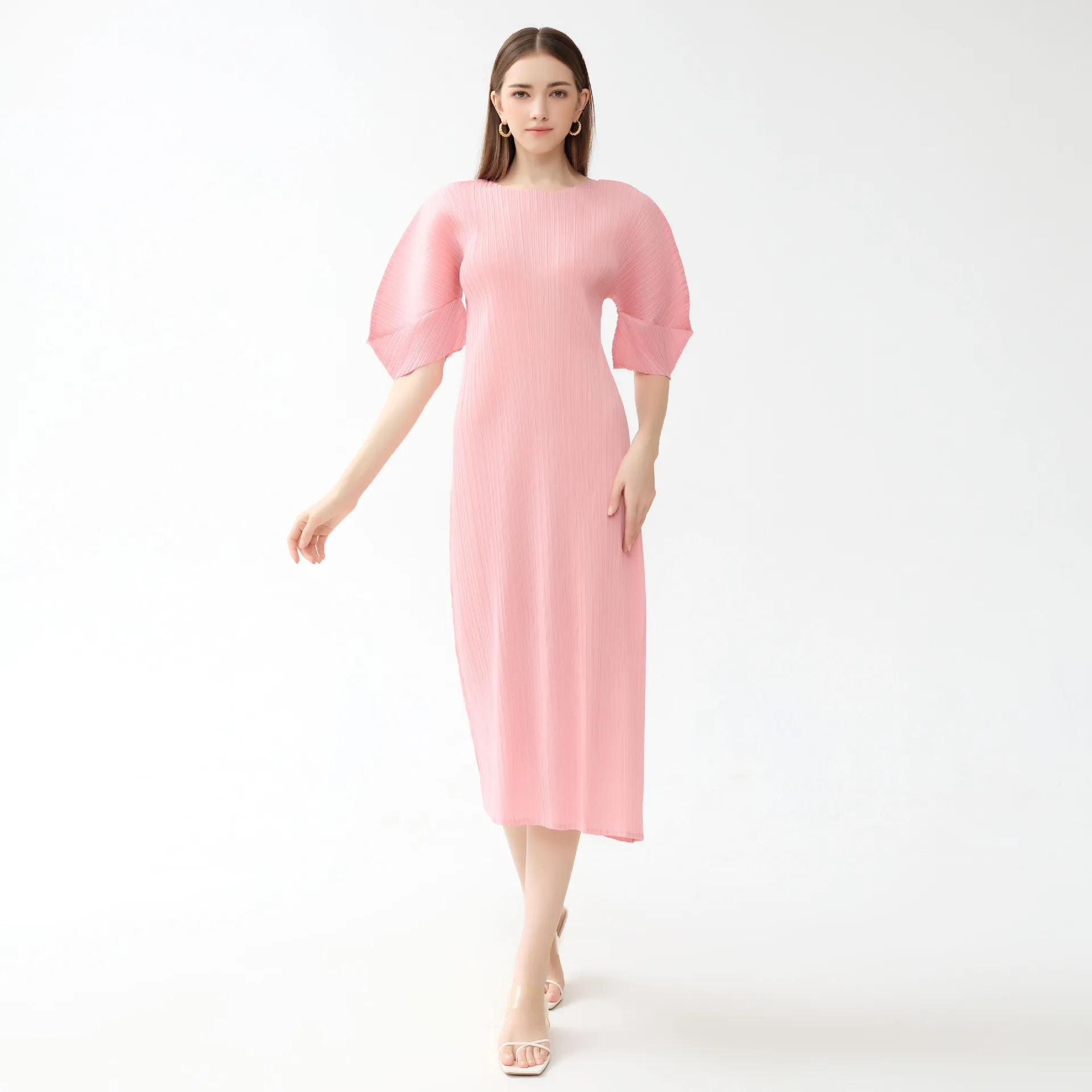 

Folding Sleeve Dress 2024 Premium Spring Solid Color Casual Crew Neck Folds Medium and Long Slim-fit A-shaped Dress Women