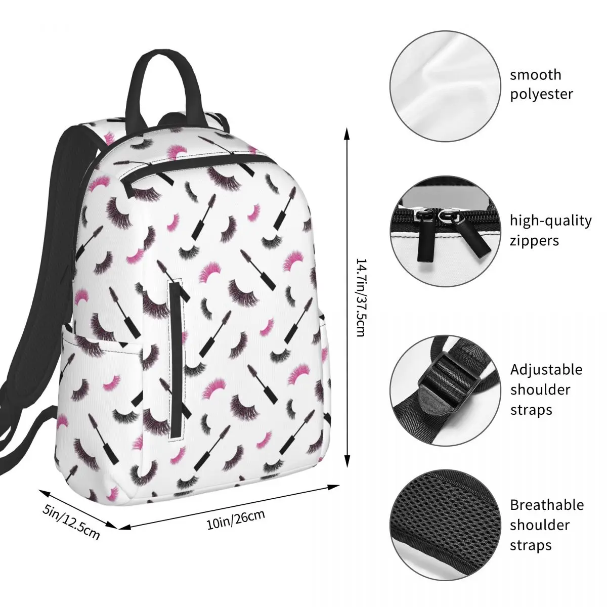 Lashes And Mascara With Pink Glitter Pattern Backpack Student BookBag Kids School Bag Computer Shoulder Bags Men Women