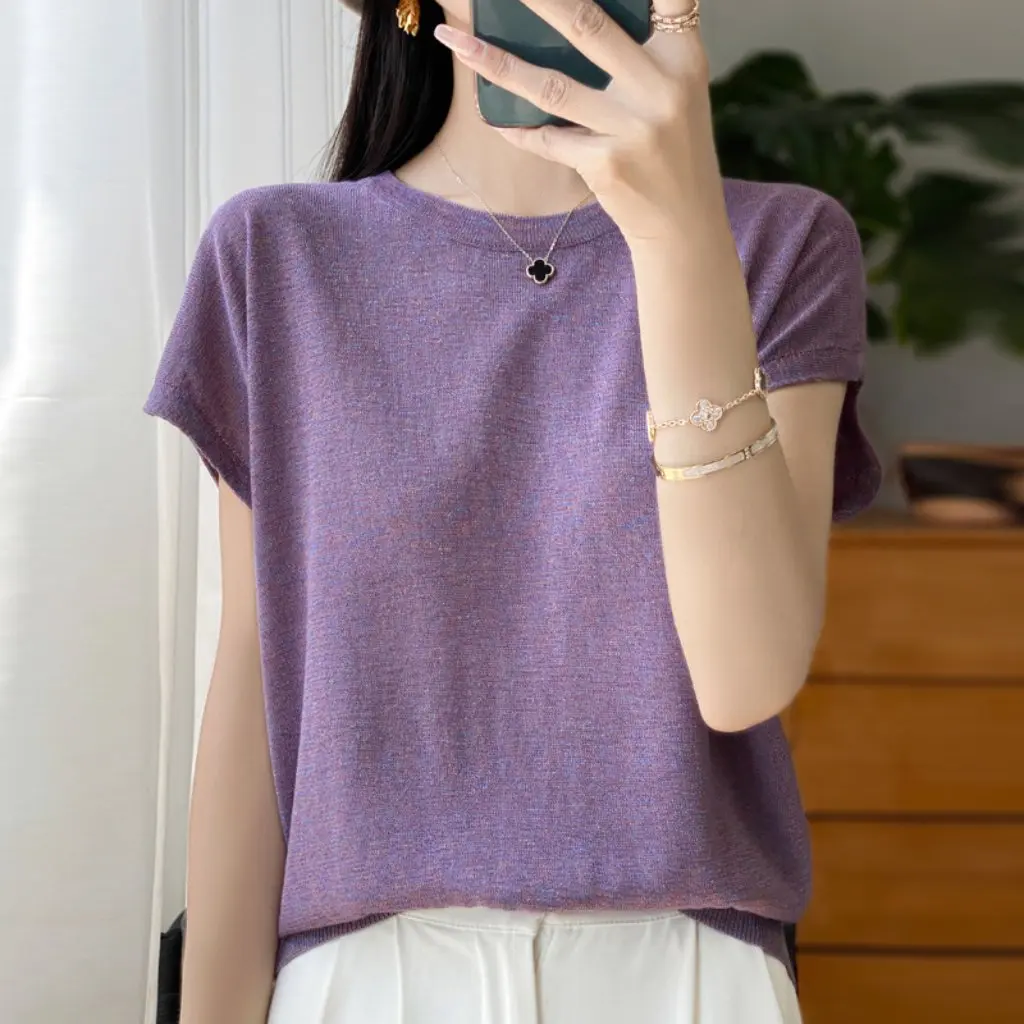 

Women's Bright Silk Short-Sleeved T-shirt Summer New round Neck Loose Knitted Base Thin Top Inner Wear