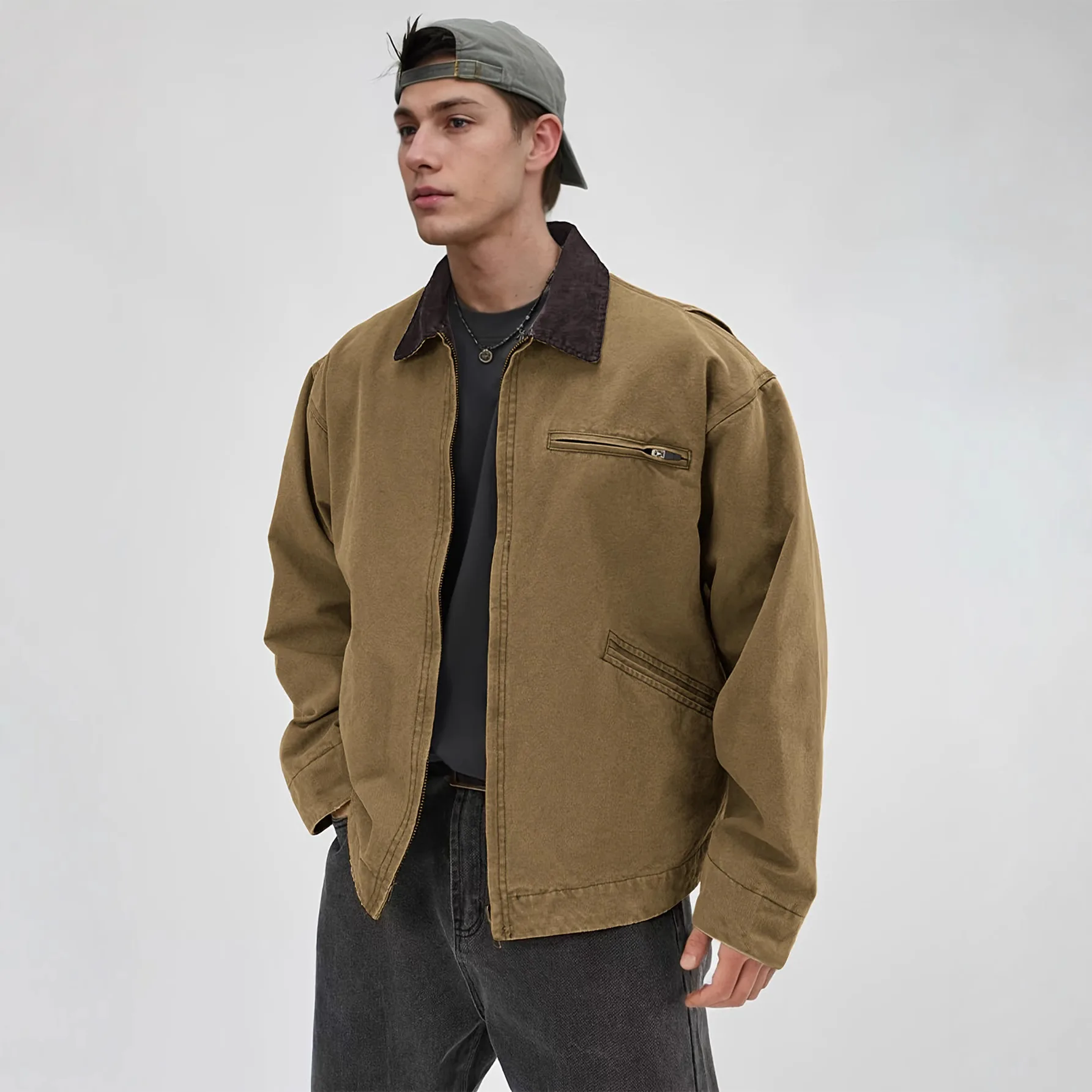 Men's Tooling Wash Jacket 2026 Spring and Autumn Lapel Jacket Detroit Zip Jacket