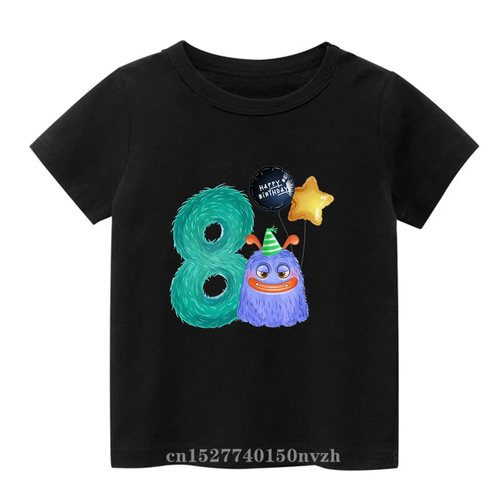 Cartoon Monster Birthday Number 1-9th Black Children T-shirt Kid Party Gift Present Clothes Baby Group Tops Tee,Drop Ship