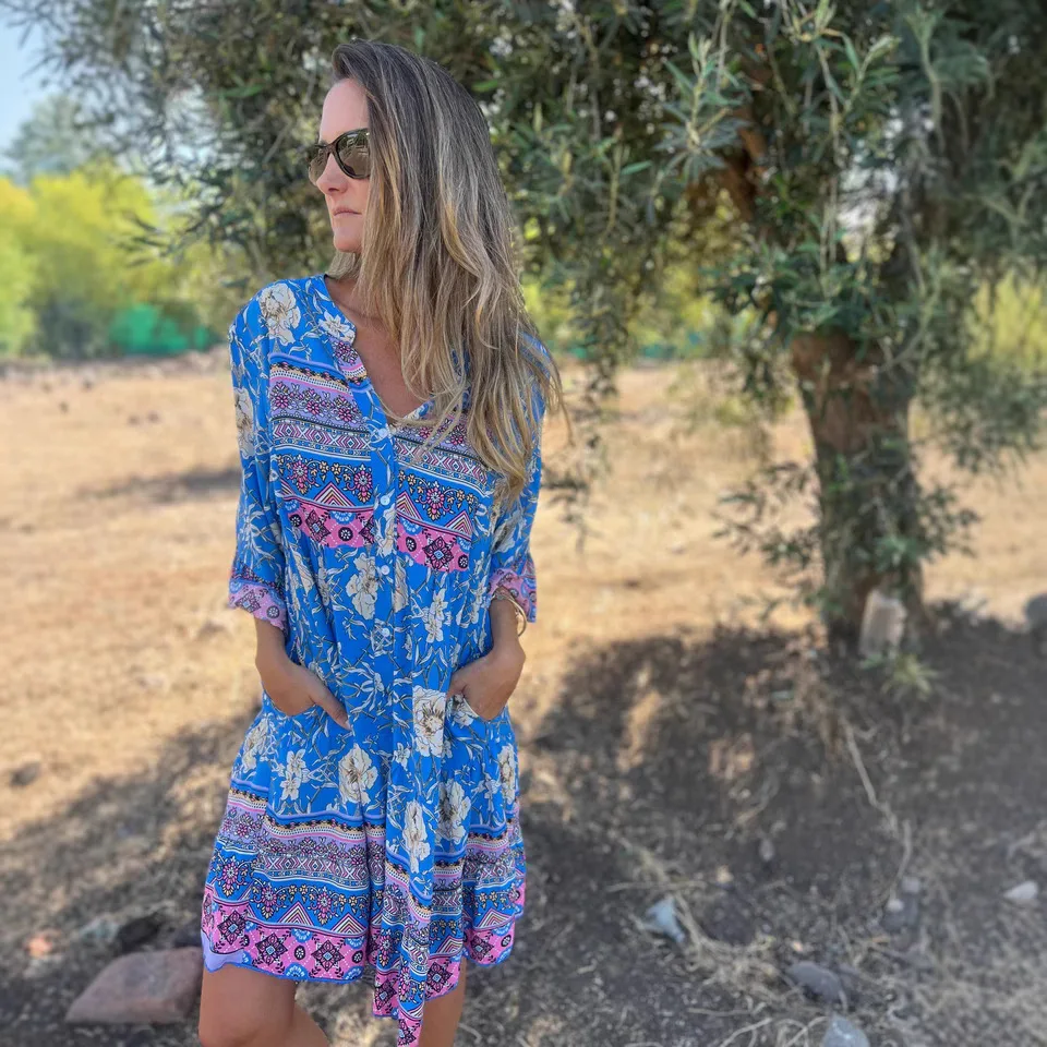 Casual Printed Spliced ​​V-neck Ruffled Half-sleeved Dress Women 2025 Summer Loose Boho Button Dress For Women