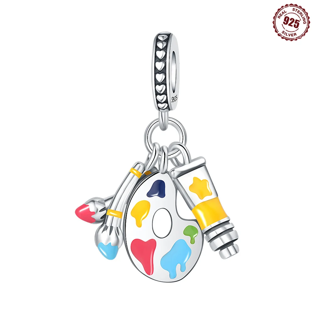 925 Sterling Silver Artist Paint Palette Brush Paint Tube Dangle Charm Bead Colorful Enamel Art Theme fit Bracelet Women Jewelry