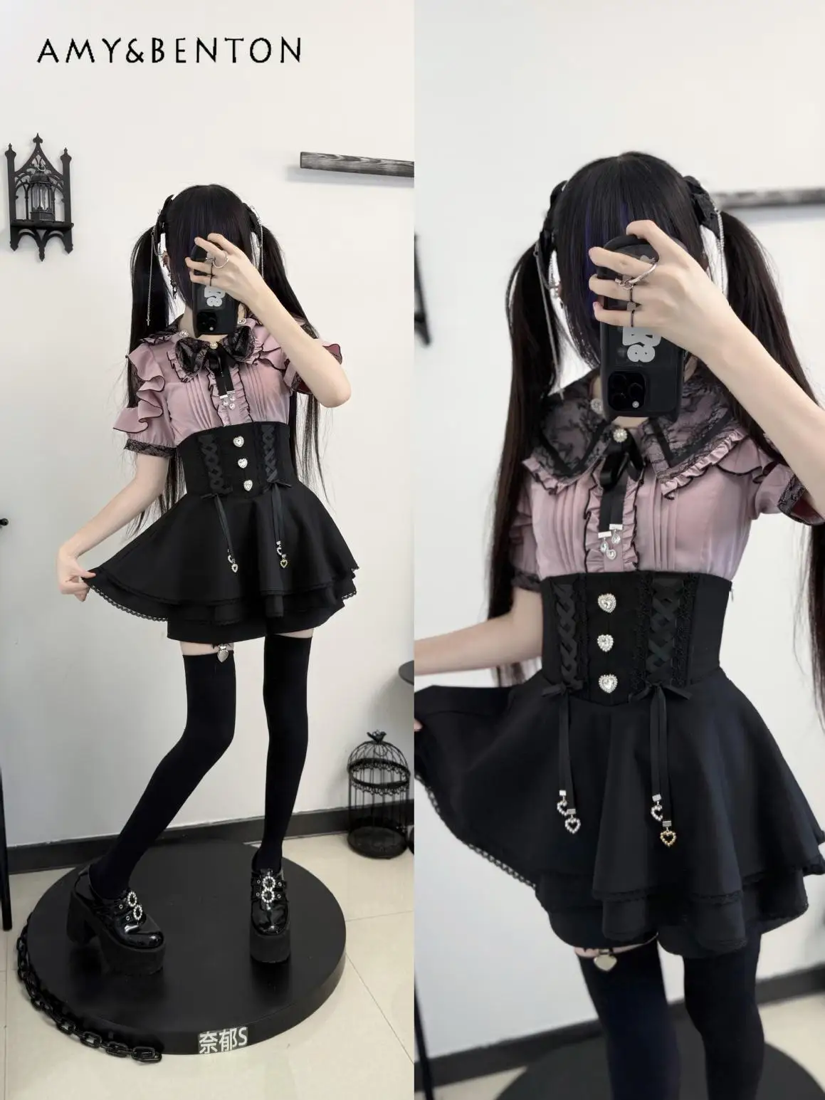 Japanese Lolita Mine Series Double Layer Lace Doll Collar Rhinestone Short Sleeve Sweet Off Shoulder Mass Production Shirt Women