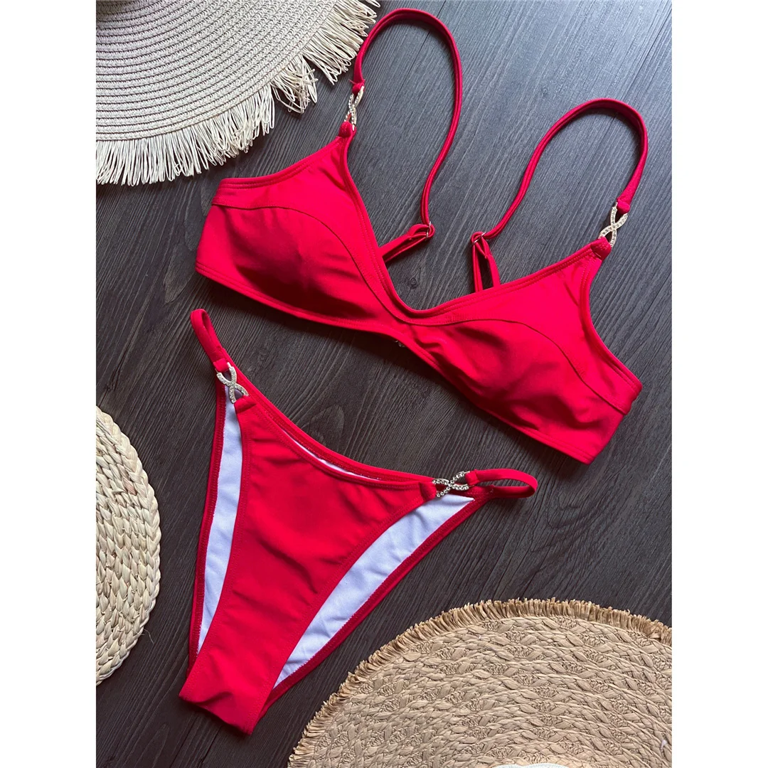 10 Farben, V-Ausschnitt, mit Strasssteinen verzierter Bikini, Damen-Badeanzug, zweiteiliges Bikini-Set, gepolsterter Badeanzug, Badebekleidung, Modell V8138. – Detail 21