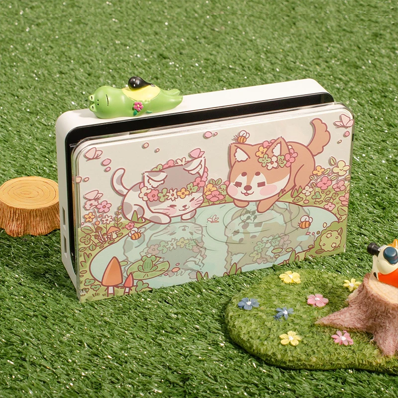 Cubierta de base de carga Switch Oled, funda de base dura de cristal de dibujos animados bonitos para Nintendo Switch OLED, funda protectora antiarañazos