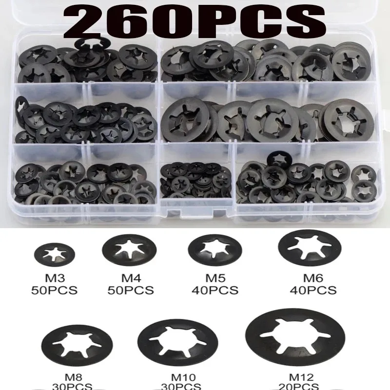 260Pcs Star Lock Washers Kit Push On Speed Clips Fasteners Assortment Kit M3 M4 M5 M6 M8 M10 M12