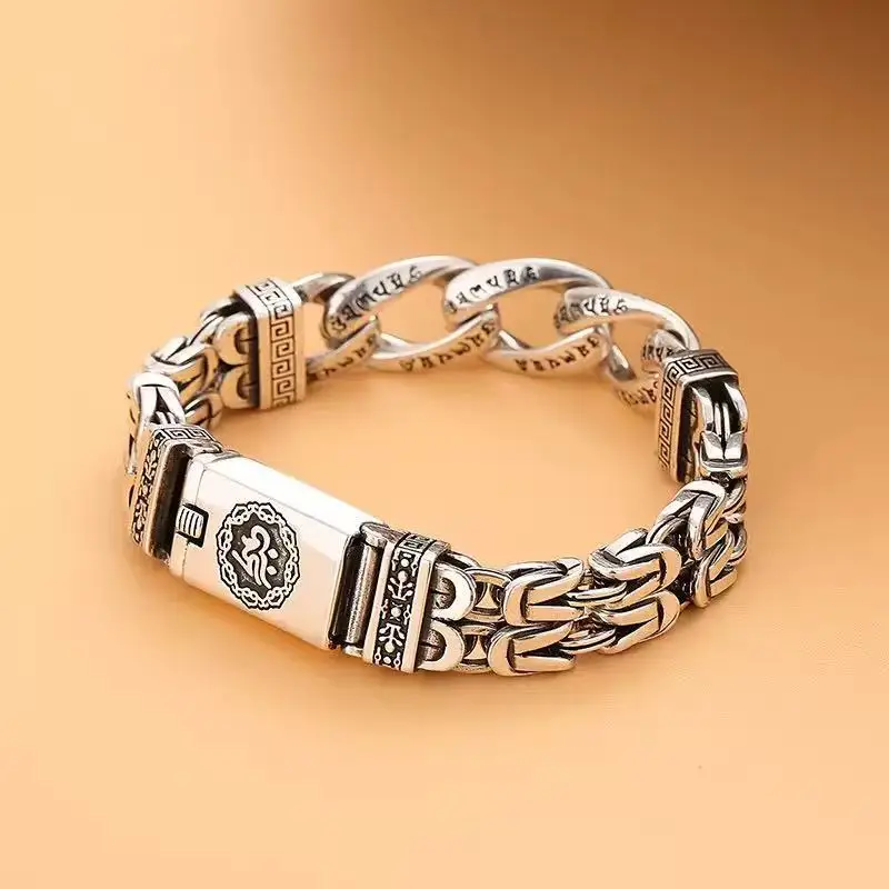 

S925 Sterling Silver Men's Personalized Fashion Retro Six-Character Mantra Peace Pattern Lucky Bracelet Jewelry Exquisite Gift