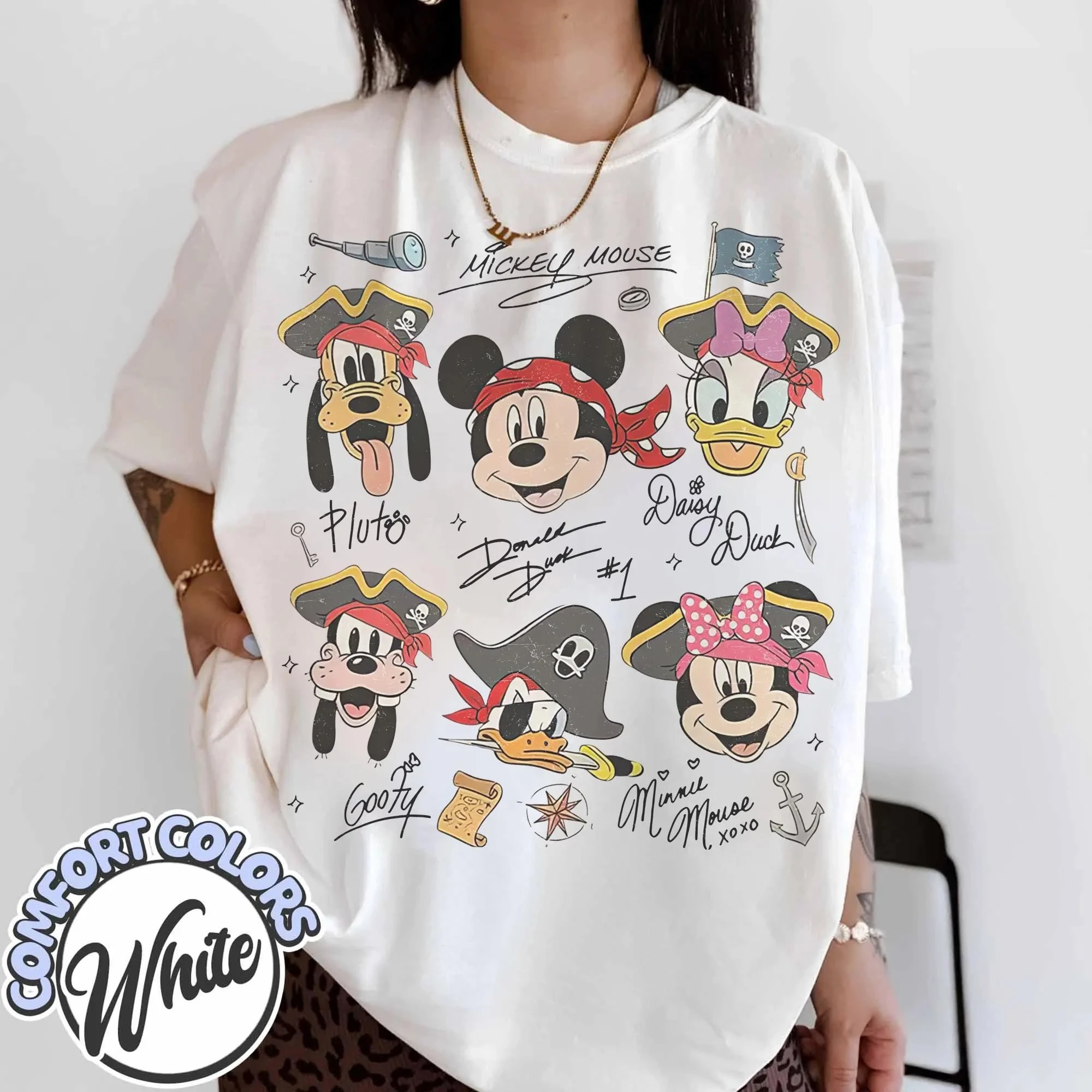 

Vintage Disney Pirate Shirt, Mickey & Friends Pirate Signature Crew Tee, Minnie Goofy Donald Daisy Comfort Colors Shirt
