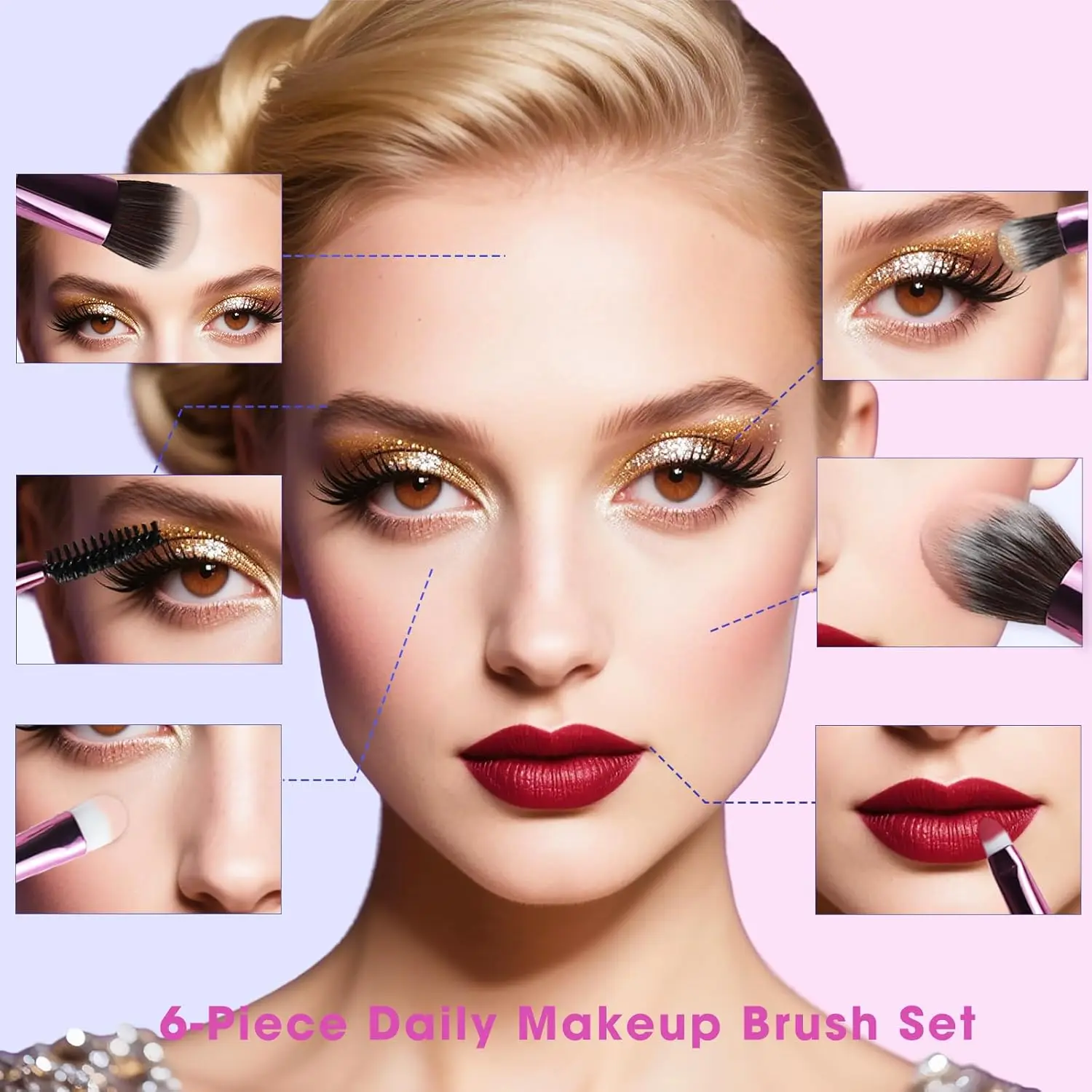 Conjunto de pincéis de maquiagem com 6 peças, com 2 esponjas de beleza e cabo de cristal brilhante, kit de pincéis cosméticos essenciais diários, presentes para mulheres
