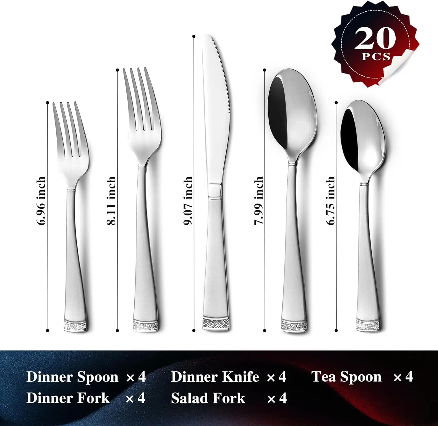 KINGSTONE Silverware Set 20 Piece Flatware Set for 4, Premium Stainless Steel Cutlery Set with Bead Edge, Matte Finished Kitchen