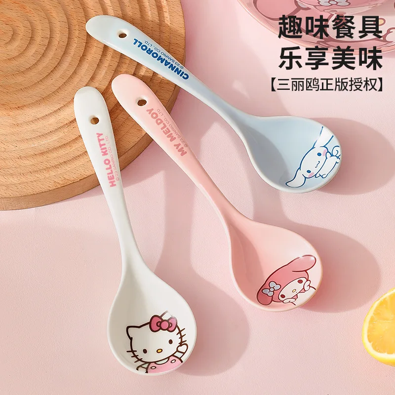 Sanrios Hellokitty Soup Spoon My Melody Rice Spoon Cute Cinnamoroll Ceramic Spoon Cartoon Household Long Handle Spoon Tableware