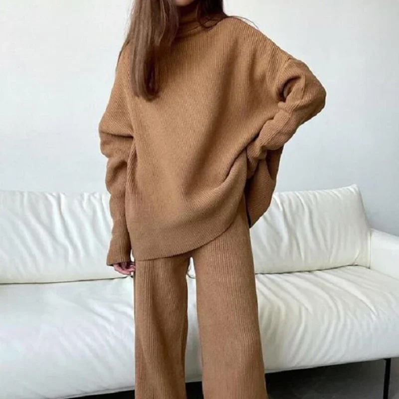 New Fashion Women Knitted Suit Soft Turtleneck Long Sleeve Sweater Wide Leg Pants Commuter 2 Pieces Sets Autumn Winter Homewear