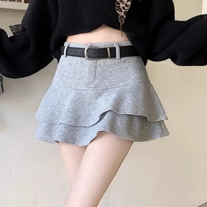 Flounced Layered Skirt Women Tiered Ruffle Mini Skirt with Belt Bulit-in Shorts Skort Teenage Girl Rara Skirt 90s Outfit