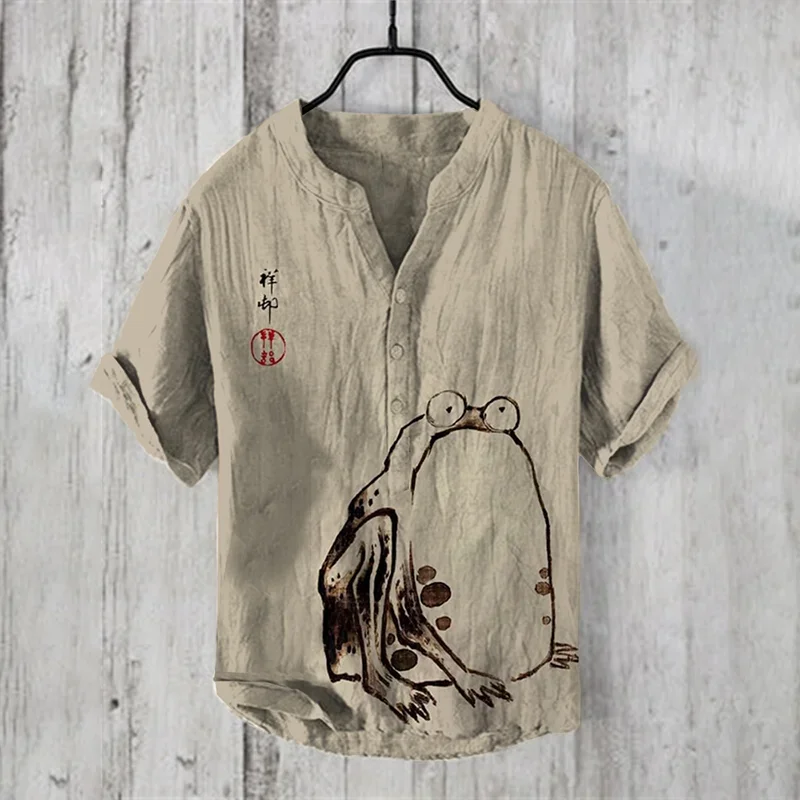 2024 summer fashion Men's v-neck button up Japanese art print short sleeved T-shirt Henley casual shirt