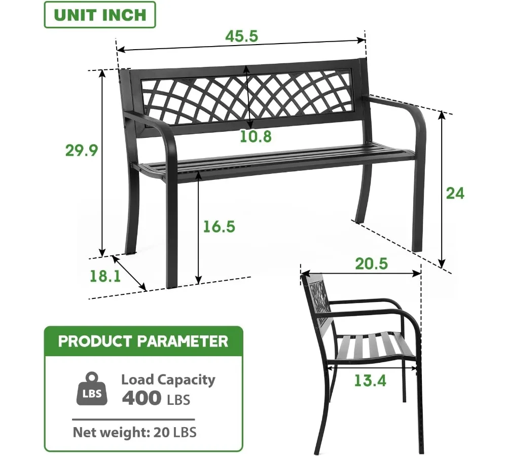 مقعد حديقة معدني قوي مع مسند ظهر بلاستيكي، أثاث فناء خارجي لمدخل الشرفة في الفناء، أسود #3
