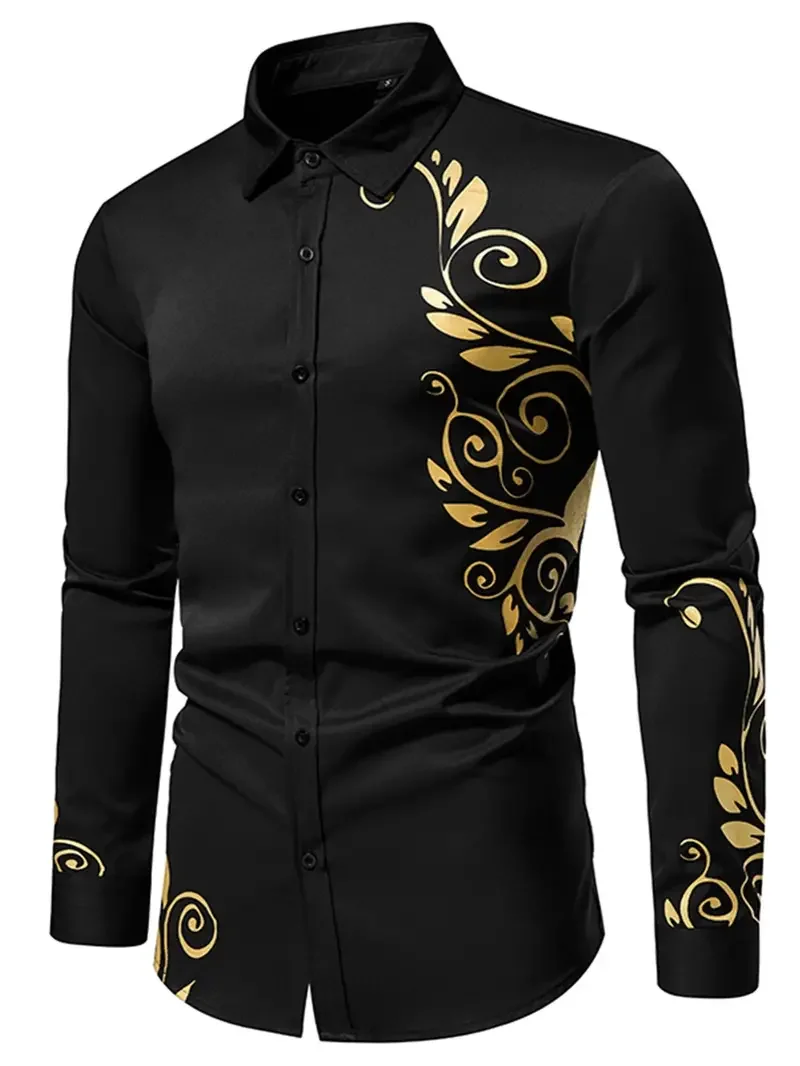 Stylish Gold Flower Print Black Shirt Men Spring New Slim Fit Long Sleeve Men Dress Shirts Party Casual Male Social Shirt