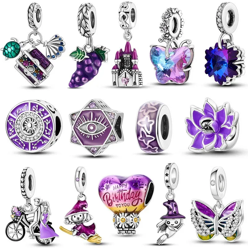 Silver Plated Purple Charms Flower Butterfly Dangle Charm Beads Fit Original Pandora Bracelet Diy Pendants