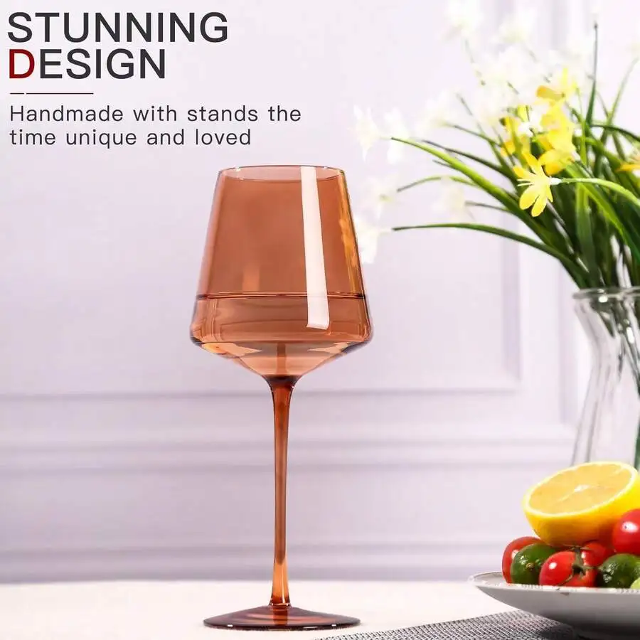 6pcs,18oz,Venus Colored Wine Glasses[Hand Blown] Brown Wine Glasses With Tall Long Stems And Flat Bottom, Amber Colored Glasswar