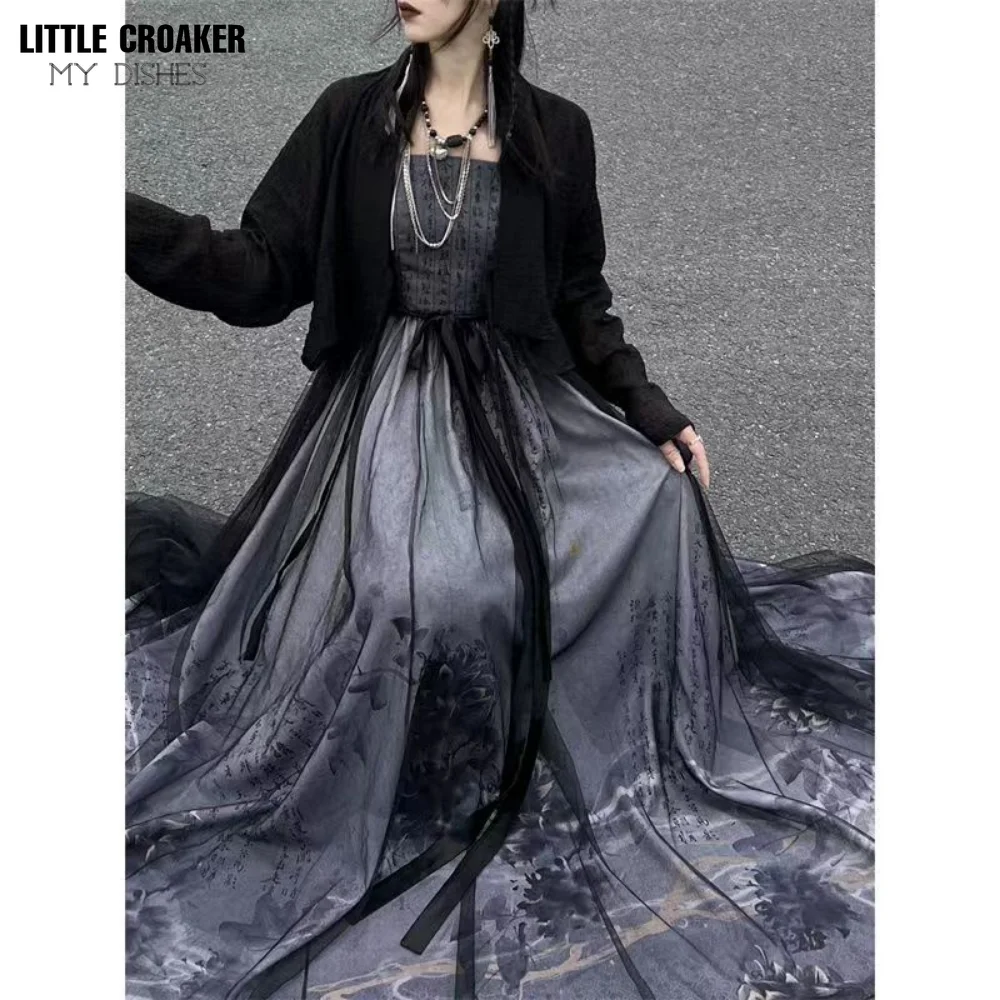 Black Hamfu Dress Women Modern Chinese Letter Ink and Wash Print Hanfu Fashion Chinese Street Wear Clothing Robe Femme Musulmane