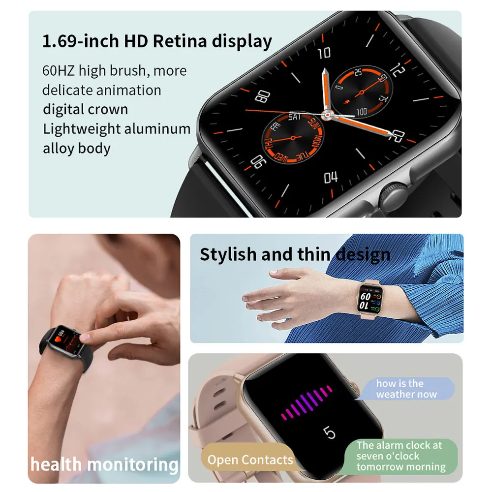 2022 Hot Bluetooth Smart Watch 1.69 Inch Full Touch Screen Call Fitness Tracker Health Sleep Monitor Smartwatch for Women Men