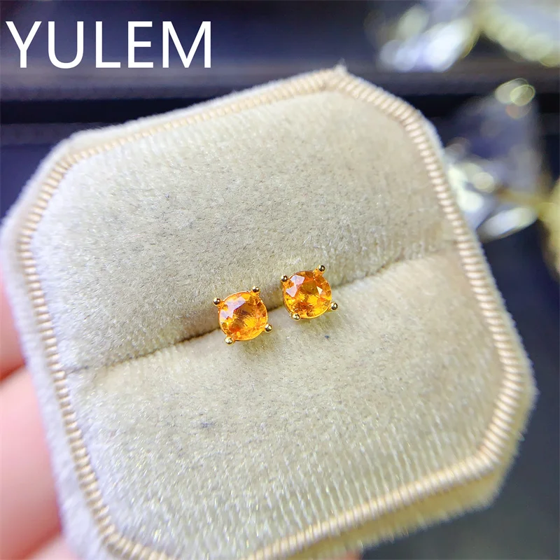 YULEM 5x5MM Natural Yellow Sapphire Earrings 925 Silver Stud Earring for Women 925 Sterling Silver Prevent  Fine Jewelry